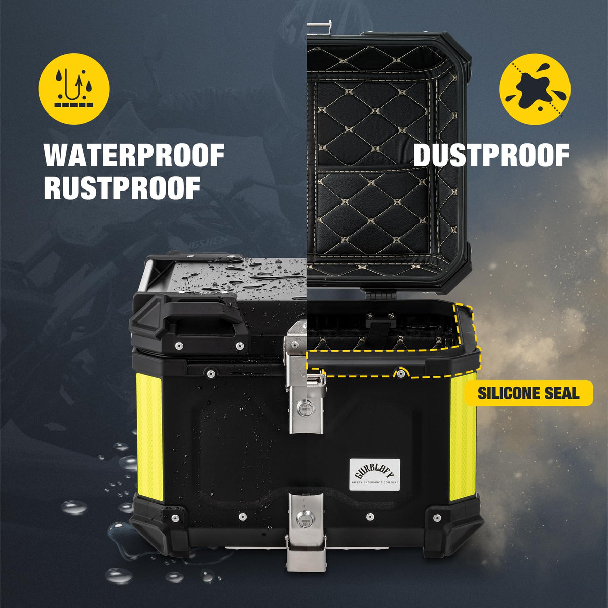 Gurblofy open interior displaying 45L capacity holding a helmet and accessories