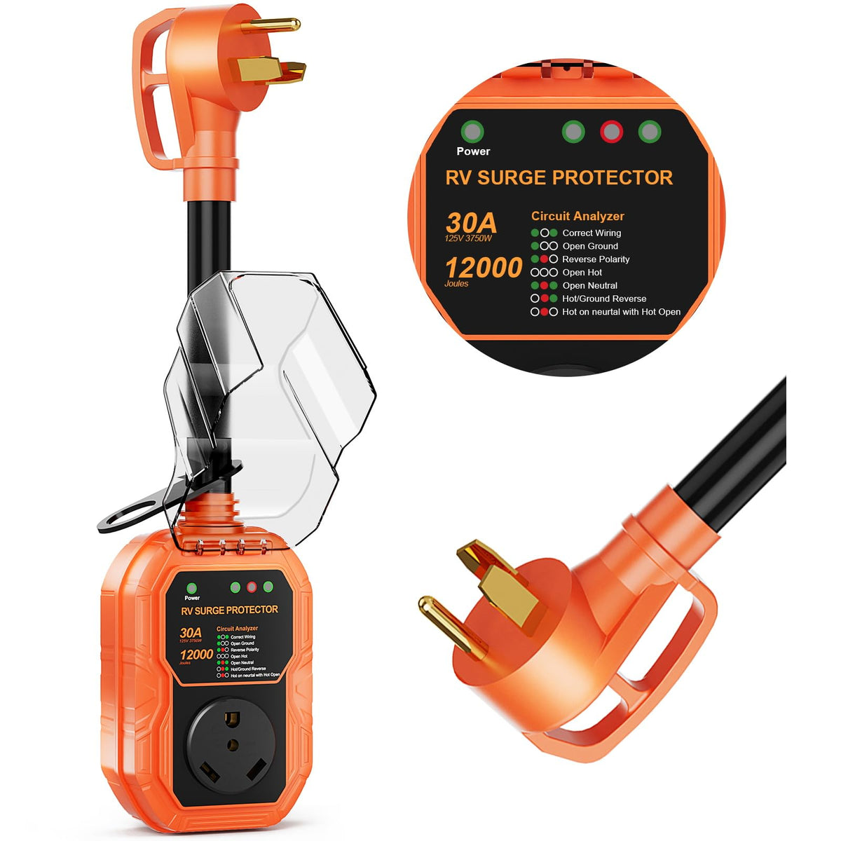 GutterWord front view plugged into pedestal showing protection status and quick safety benefit