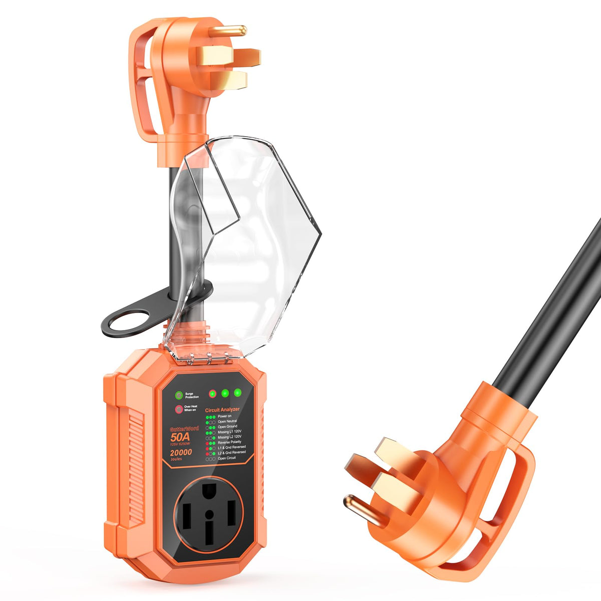 GutterWord front view showing rugged protector and clear status indicators for safer hookups