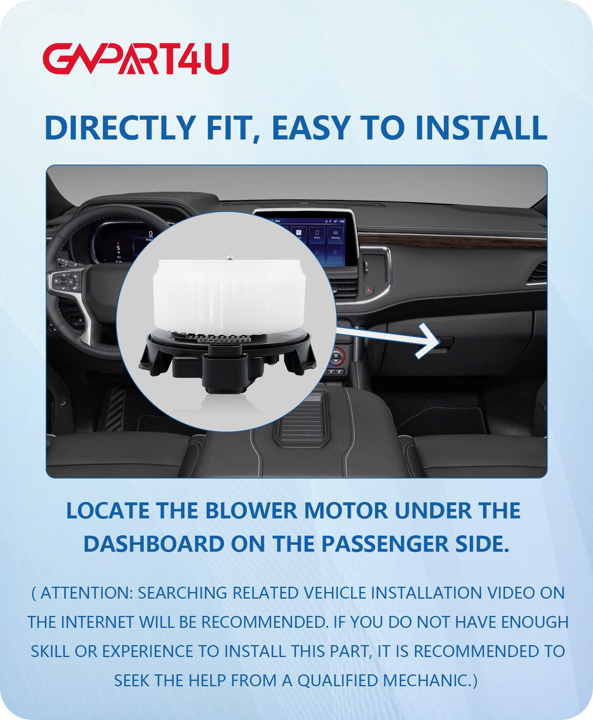 GVPART4U blower motor installed in vehicle demonstrating restored cabin airflow