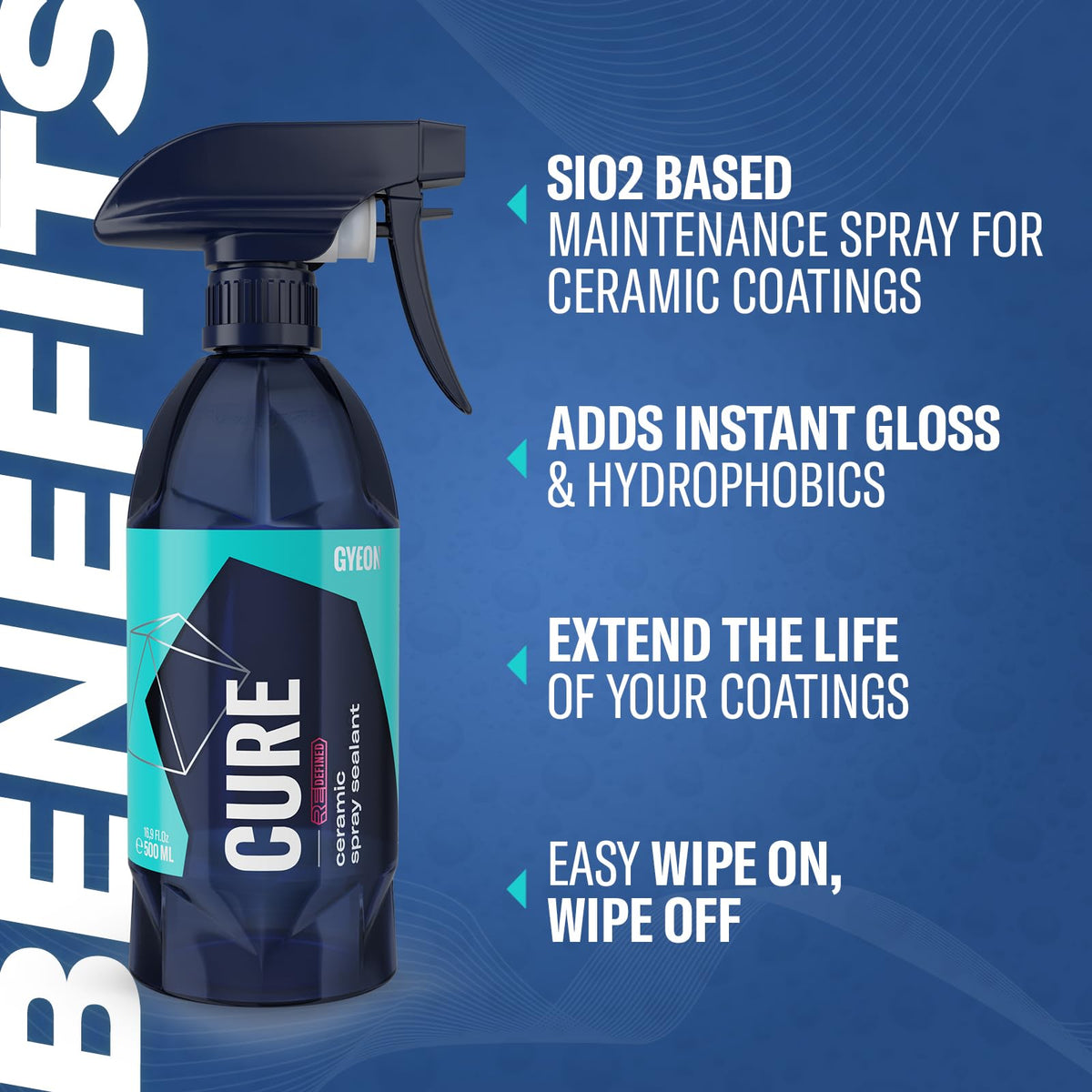 Gyeon Cure spray action on panel demonstrating easy spray-and-wipe convenience