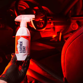 Gyeon Leather Shield EVO on car seat in interior lifestyle shot showing UV defense