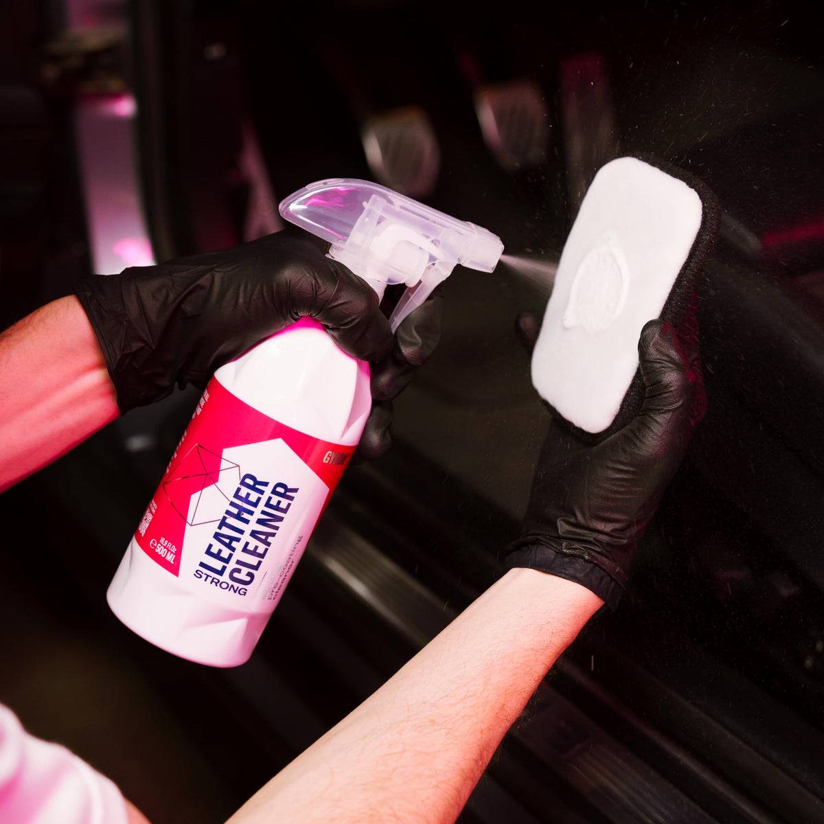 Gyeon foam texture on leather showing deep cleaning action benefit