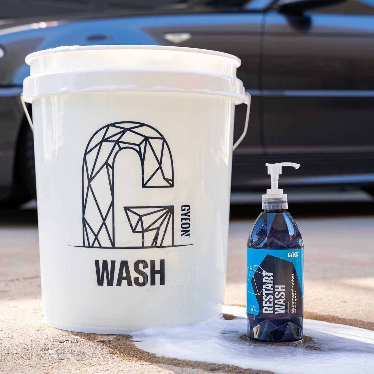 Gyeon Restart Wash bucket wash setup with soap mixed and tools ready