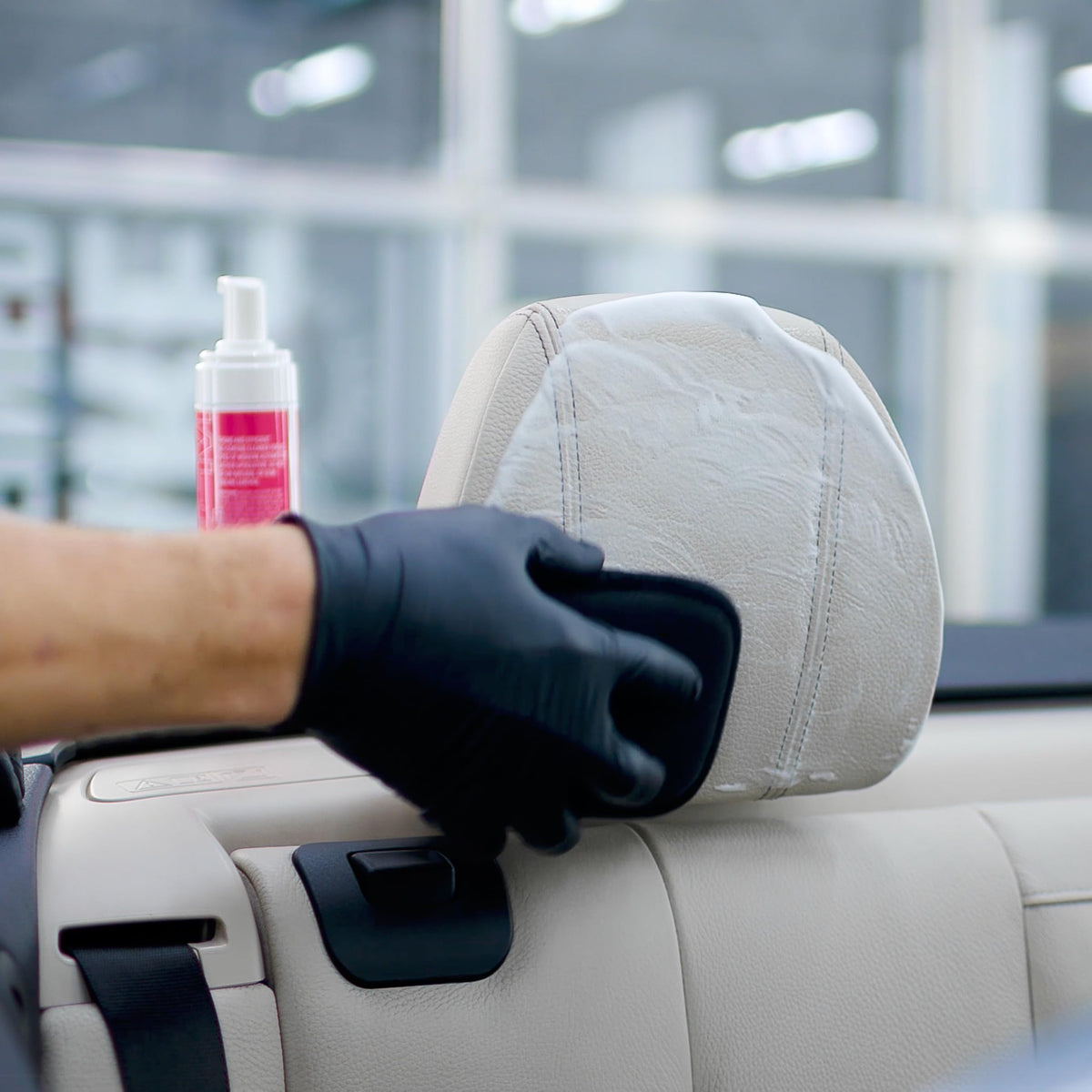 gyeon treated seat with water beading demonstrating hydrophobic protection