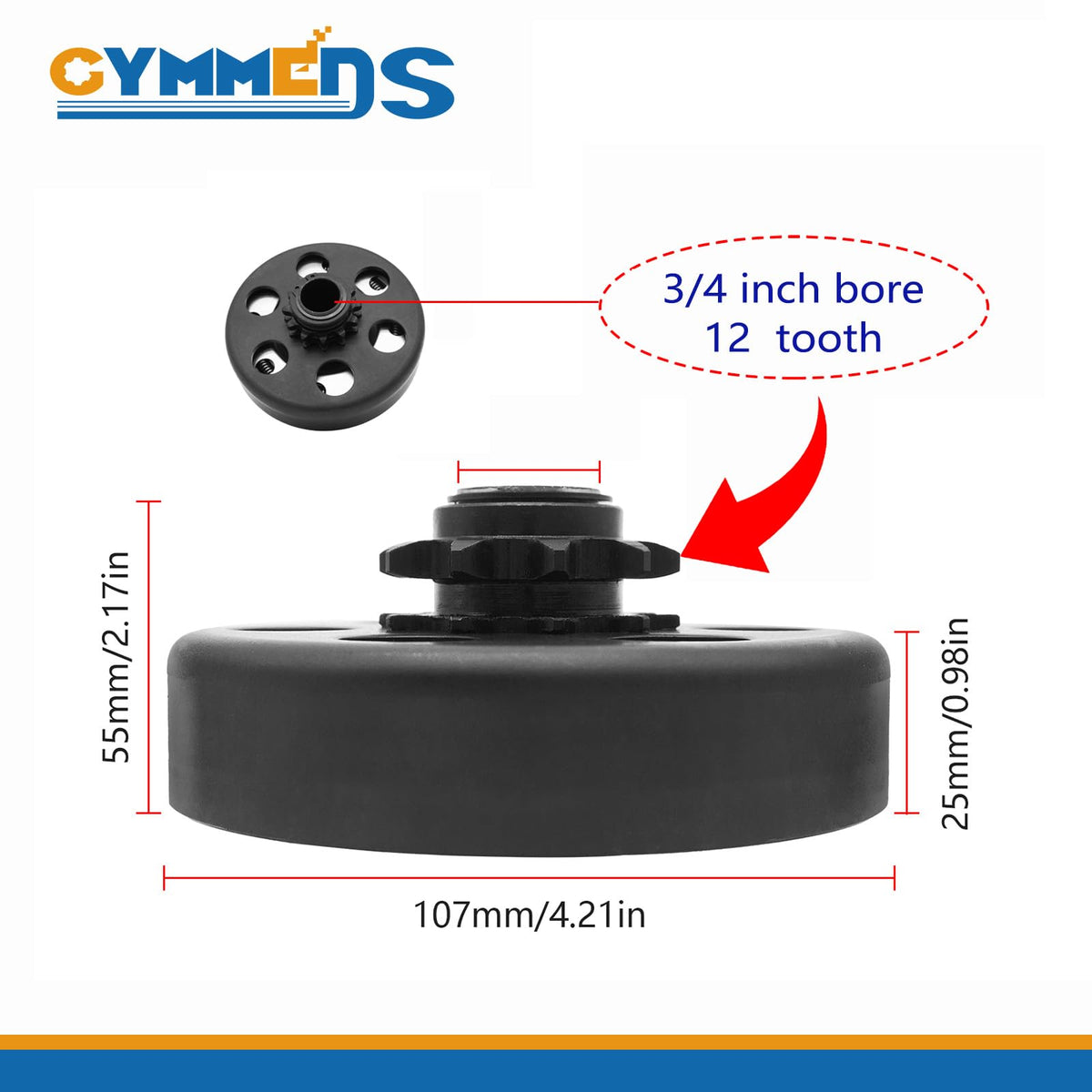 GYMMEDS clutch 12-tooth closeup showing tooth profile for secure #35 chain engagement