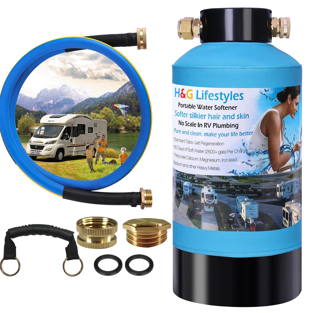 H&G lifestyles front view of portable water softener showing compact design and travel-ready convenience