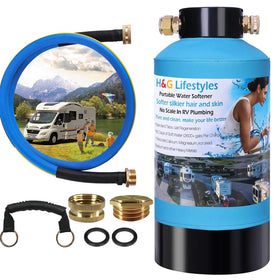 H&G lifestyles front view of portable water softener showing compact design and travel-ready convenience