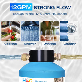 H&G lifestyles in use on RV spigot showing easy hookup benefit: cleaner tank water on the road
