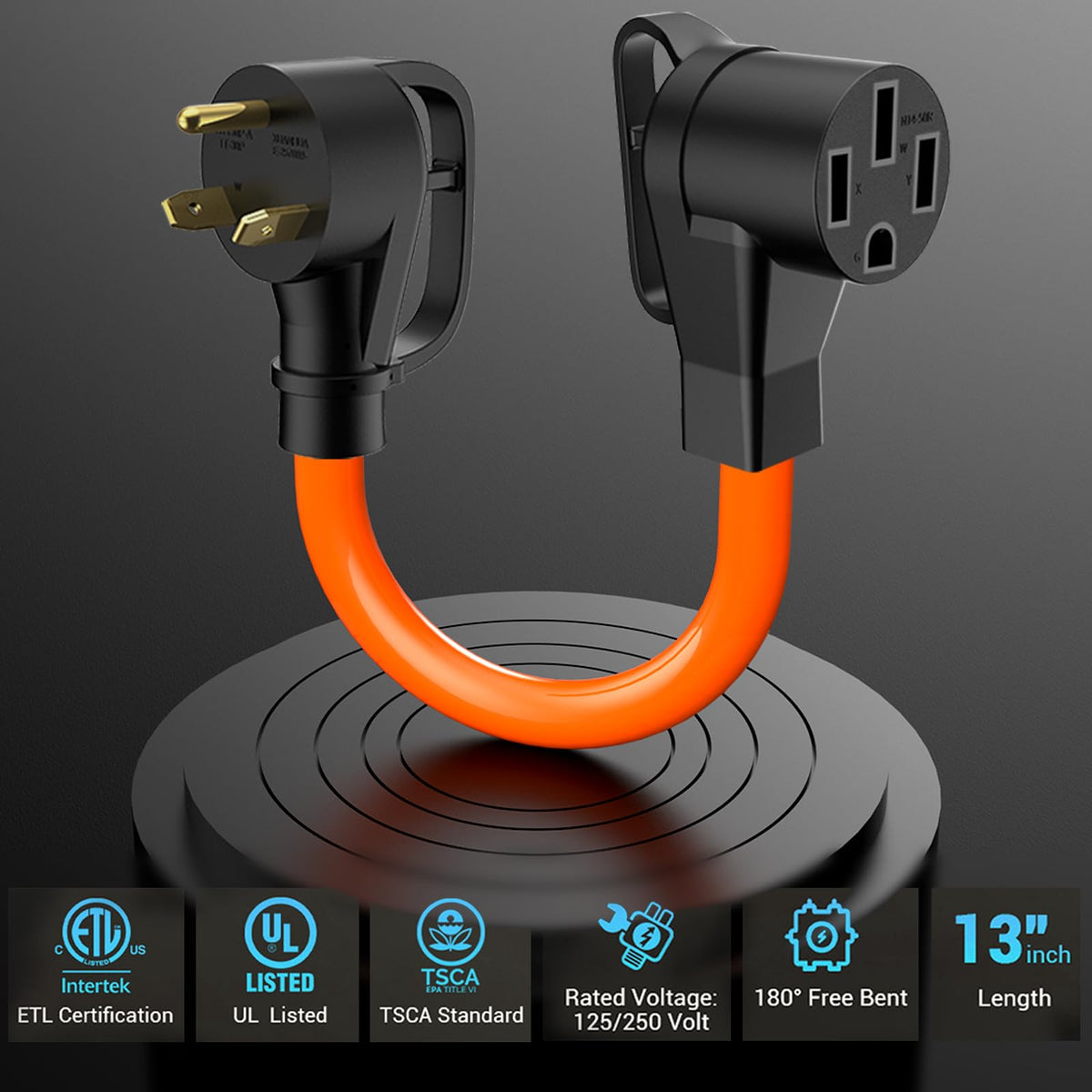 H3JANG adapter plugged into campground TT-30 outlet enabling EV charging