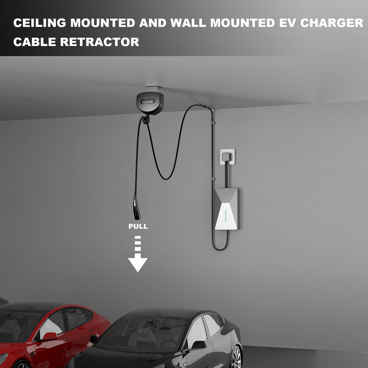 H3JANG ceiling-mounted retractor installed above a charging point for convenience