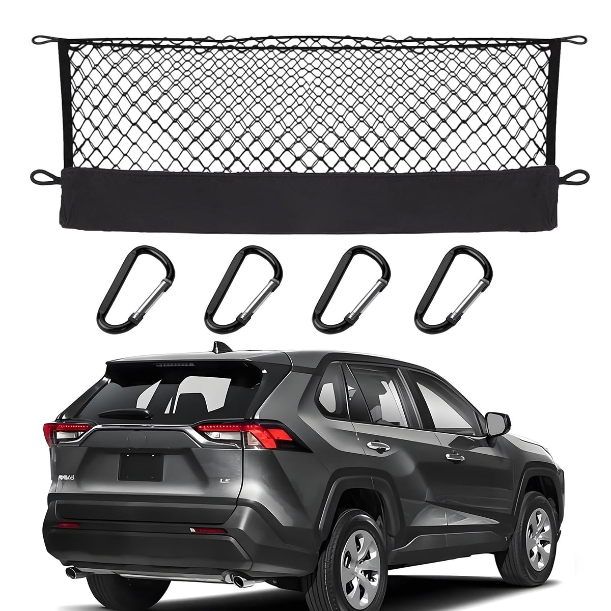 Hacyikee front view of cargo net packaging showing custom 2026 RAV4 fit and neat storage