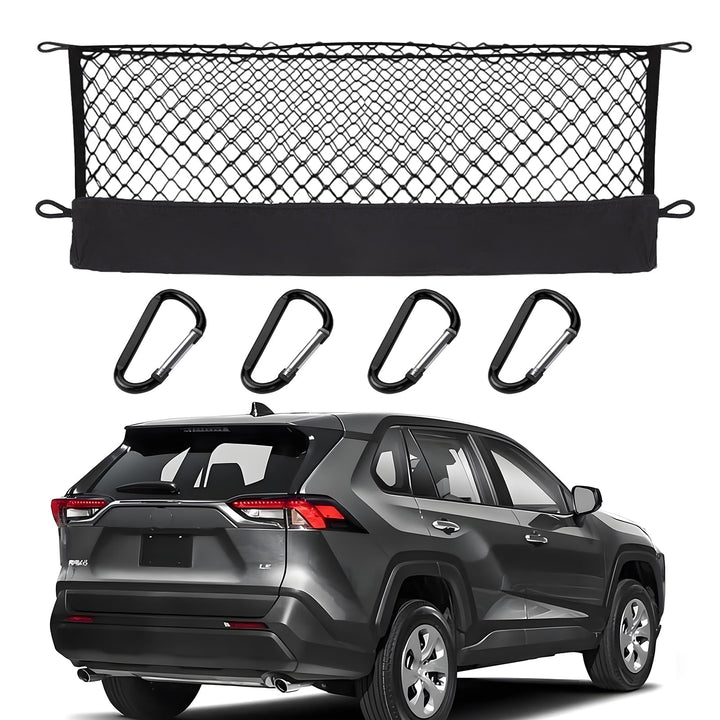 Hacyikee front view of cargo net packaging showing custom 2026 RAV4 fit and neat storage