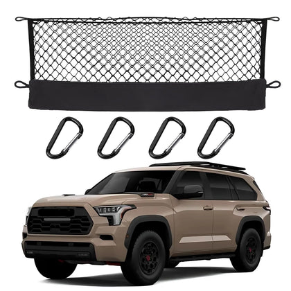 Hacyikee front view of cargo net showing fit and tidy storage benefit