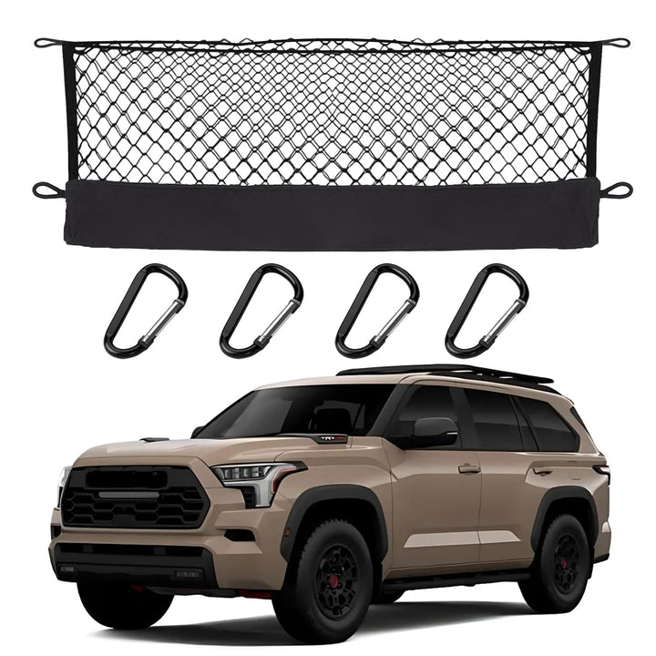 Hacyikee front view of cargo net showing fit and tidy storage benefit