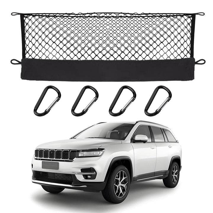 Hacyikee front view of envelope cargo net showing neat trunk organization