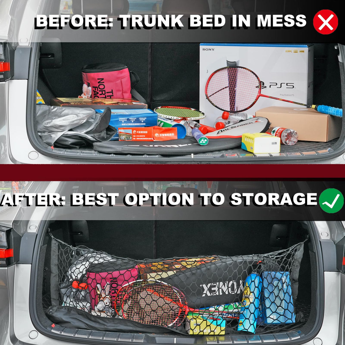 Hacyikee cargo net installed in Toyota 4Runner trunk keeping items secure