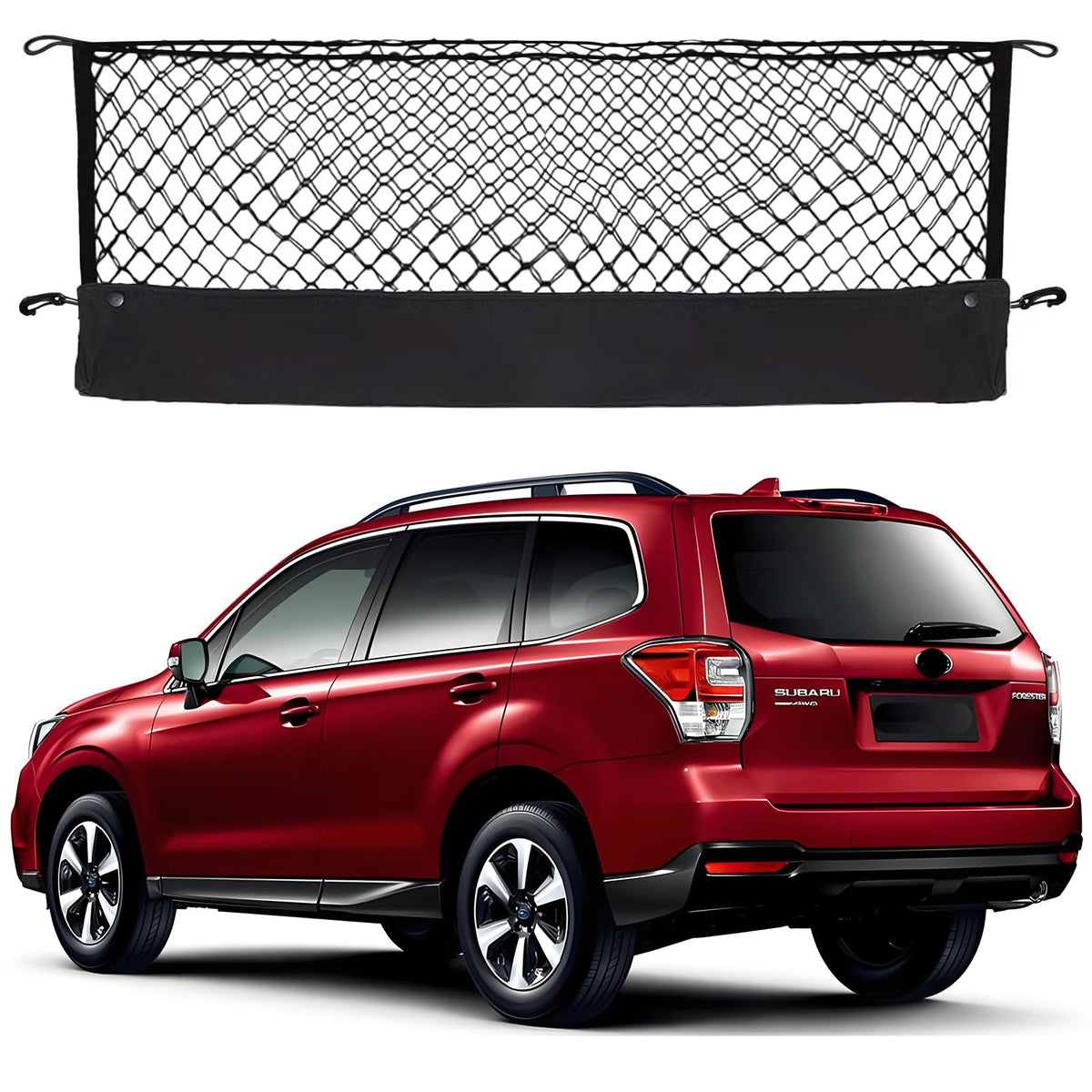 Hacyikee front view of cargo net packaging showing fit for RAV4 2026 and easy install benefit