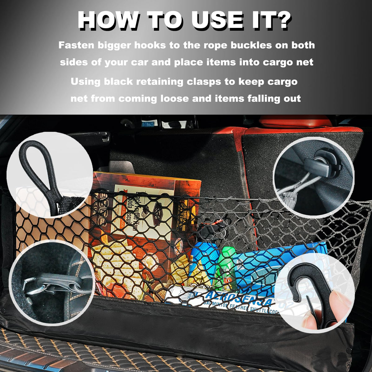 Hacyikee net holding grocery bags in RAV4 trunk showing spill prevention and stability benefit