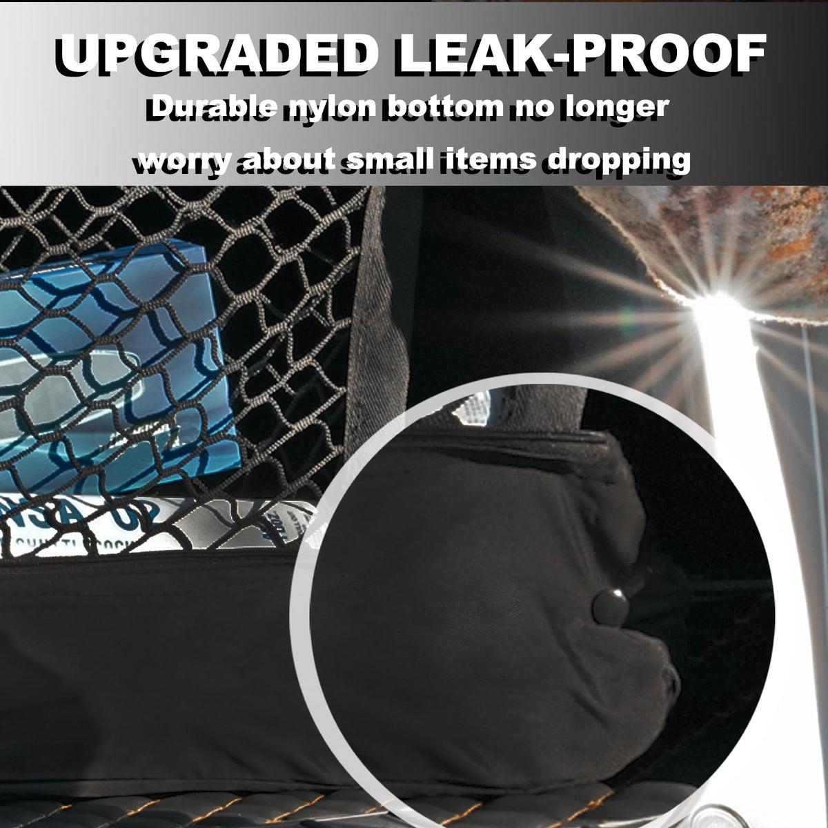 Hacyikee reinforced nylon bottom close-up showing leak-proof base and prevents small-item loss benefit