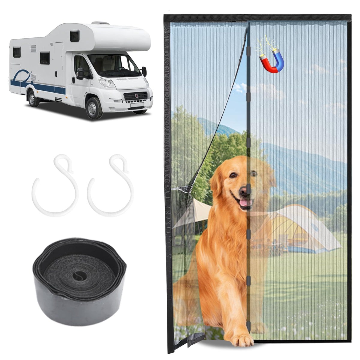HAEZU front view of packaged RV magnetic screen showing complete kit and easy install benefit