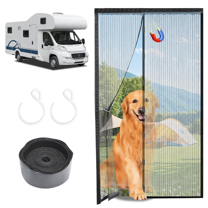 HAEZU front view of packaged RV magnetic screen showing complete kit and easy install benefit
