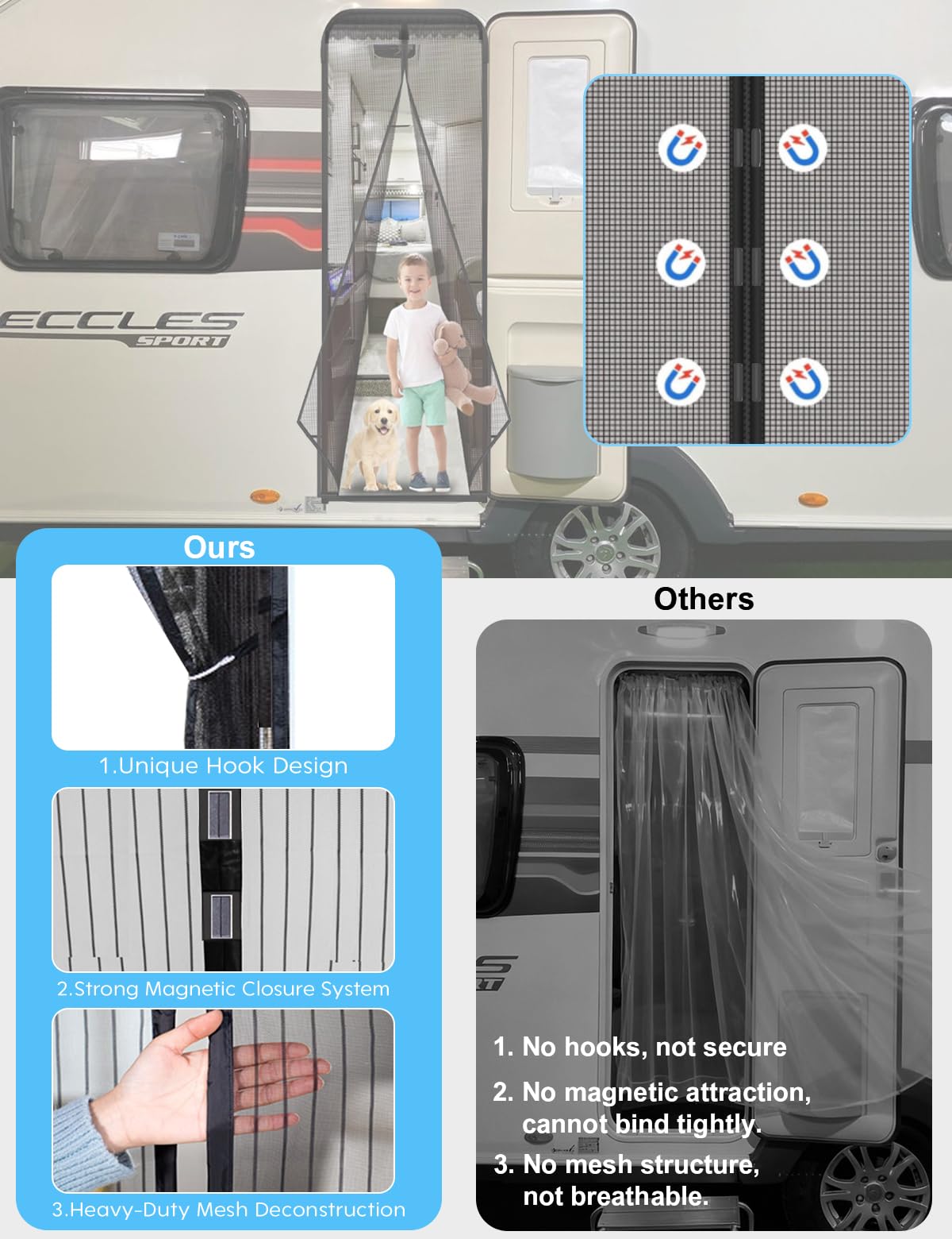 HAEZU installed on a camper doorway showing insect barrier and smooth traffic flow benefit