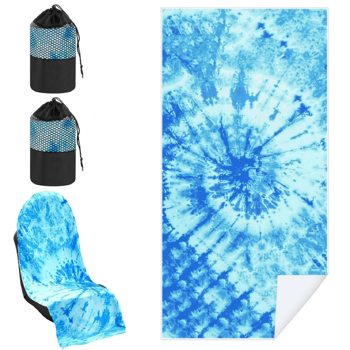 Hahafelt front view of two blue tie dye towel covers showing size and pattern benefit protection