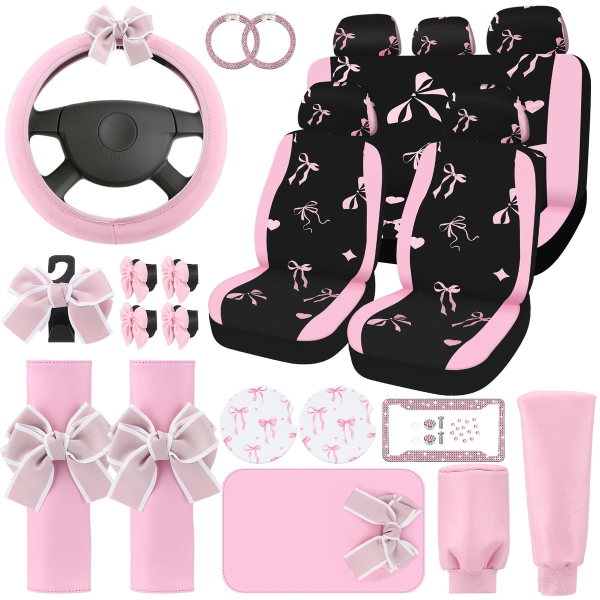 Hahafelt front seat and headrest showing pink bow accent and refreshed look