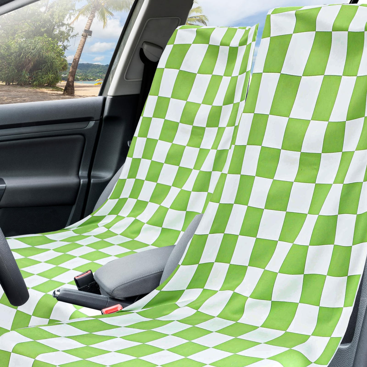 Hahafelt installed on car front seat after gym, keeps upholstery clean