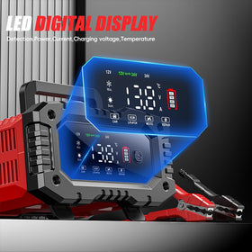 Haibro charger hooked to a car battery providing fast, safe charging