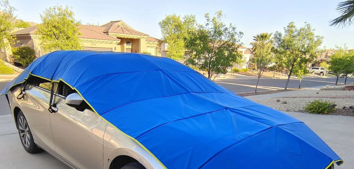 HailOut Texas Hail Cover front angled showing full top protection and quick deployment benefit