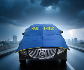 HailOut beside a Camry for scale showing fit for midsize sedans and easy storage benefit