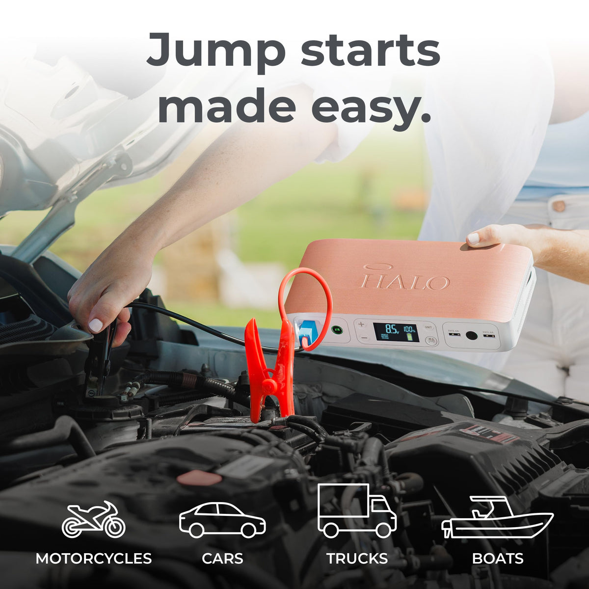 HALO Bolt Air jumper clamps detail with spark protection for safer starts