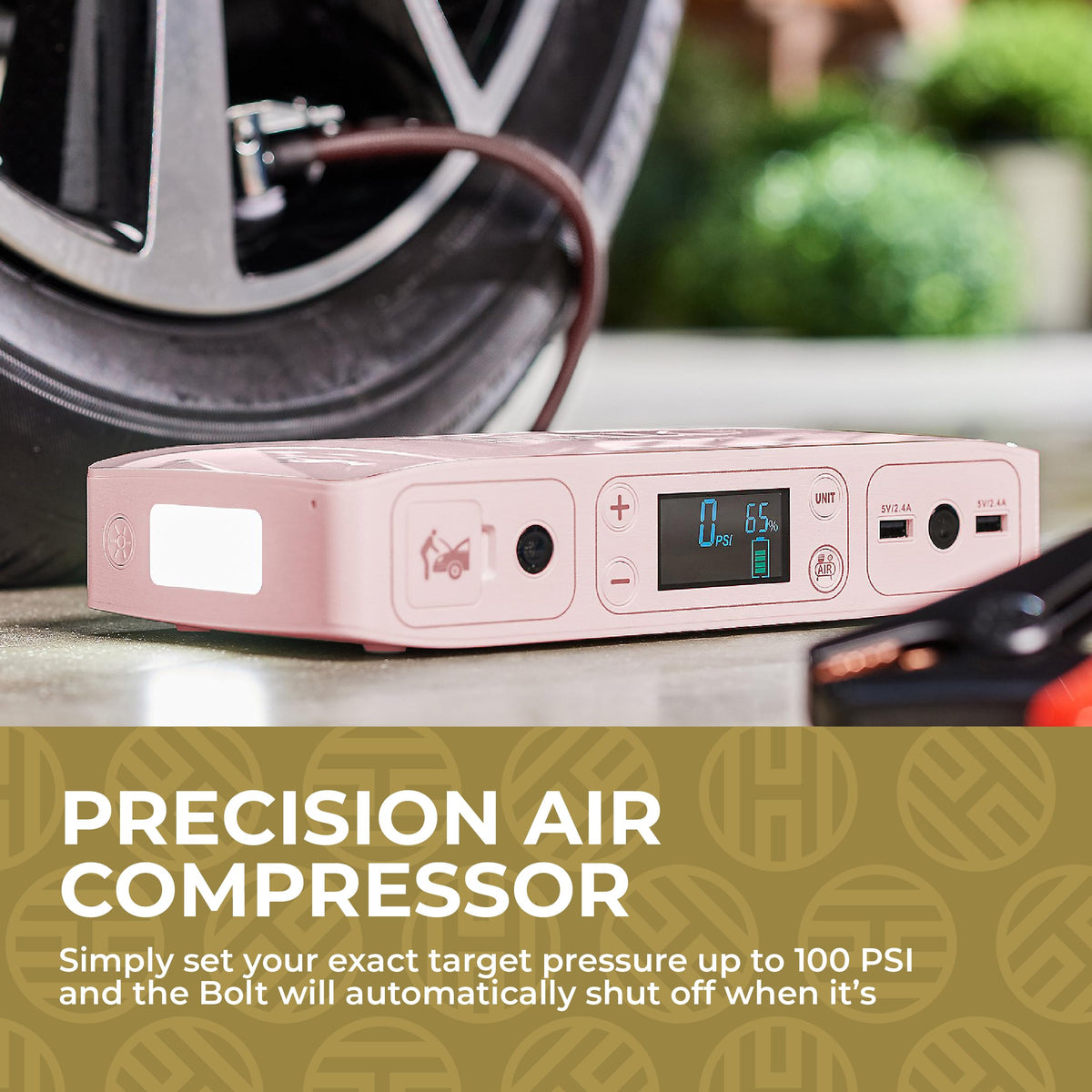 HALO Bolt Air+ hose and interchangeable nozzles shown inflating a tire for fast inflation