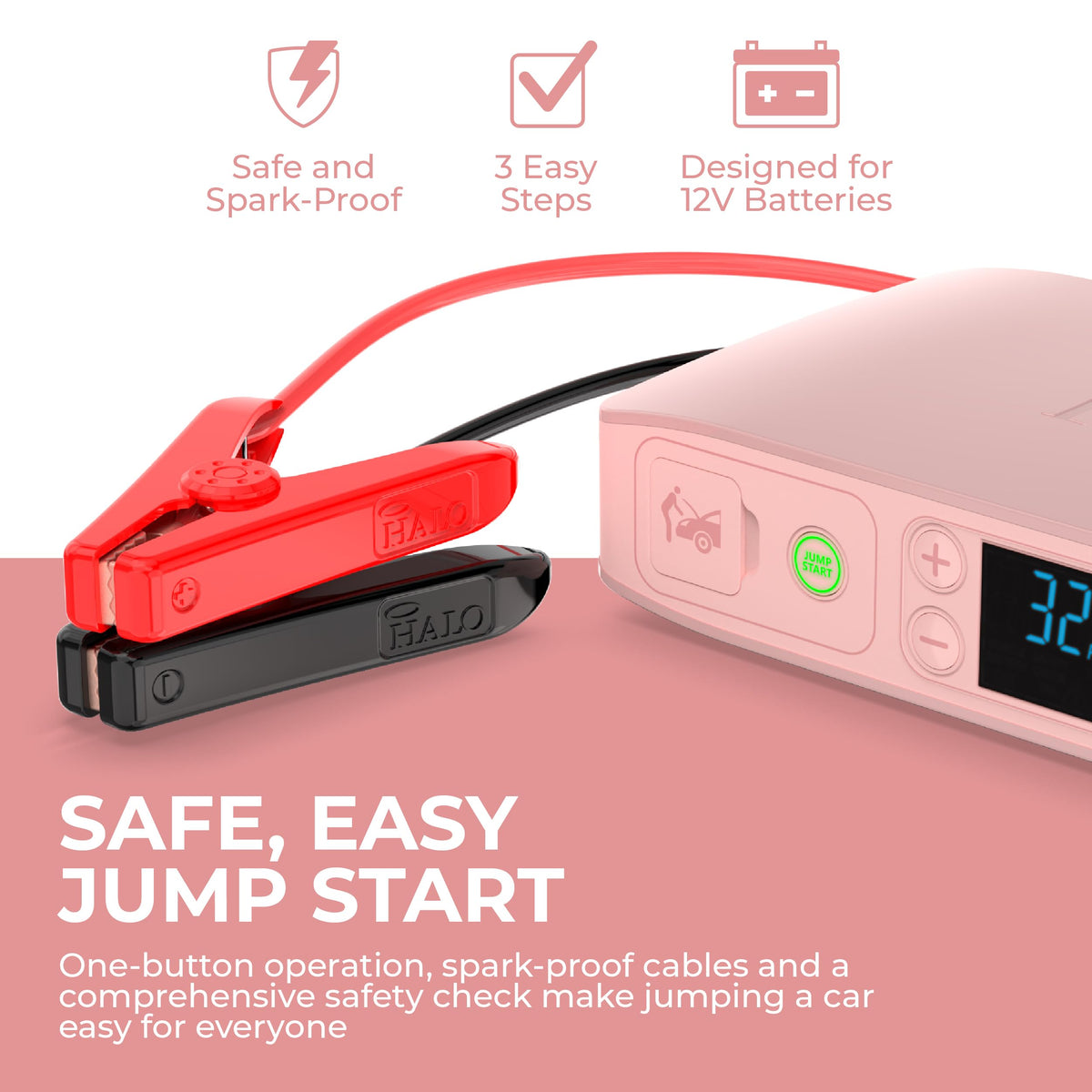 HALO Bolt Air+ with jumper cables attached demonstrating safe spark-proof jump-start benefit