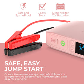 HALO Bolt Air+ with jumper cables attached demonstrating safe spark-proof jump-start benefit