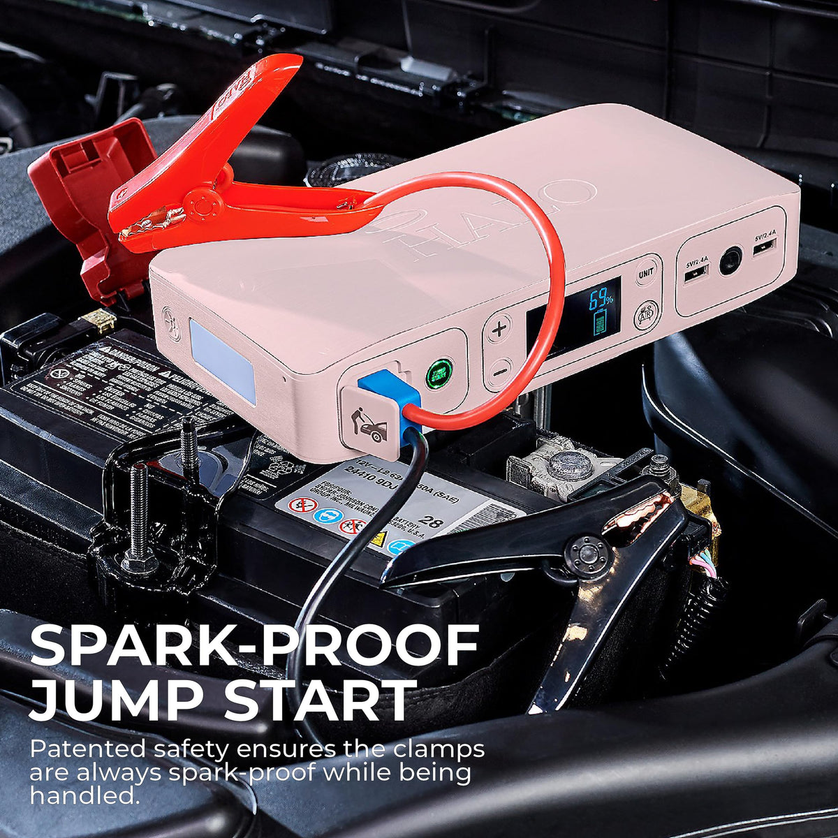 HALO Bolt Air+ USB ports powering two devices for reliable on-the-go charging