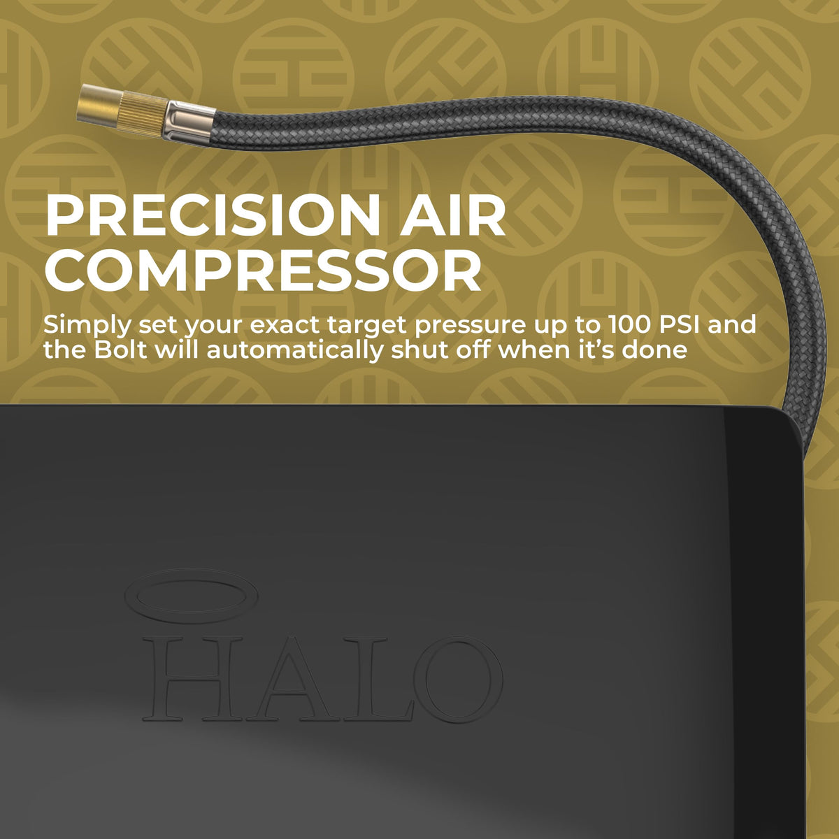 HALO Bolt Air+ close-up of digital display showing pressure and battery status for accurate readings