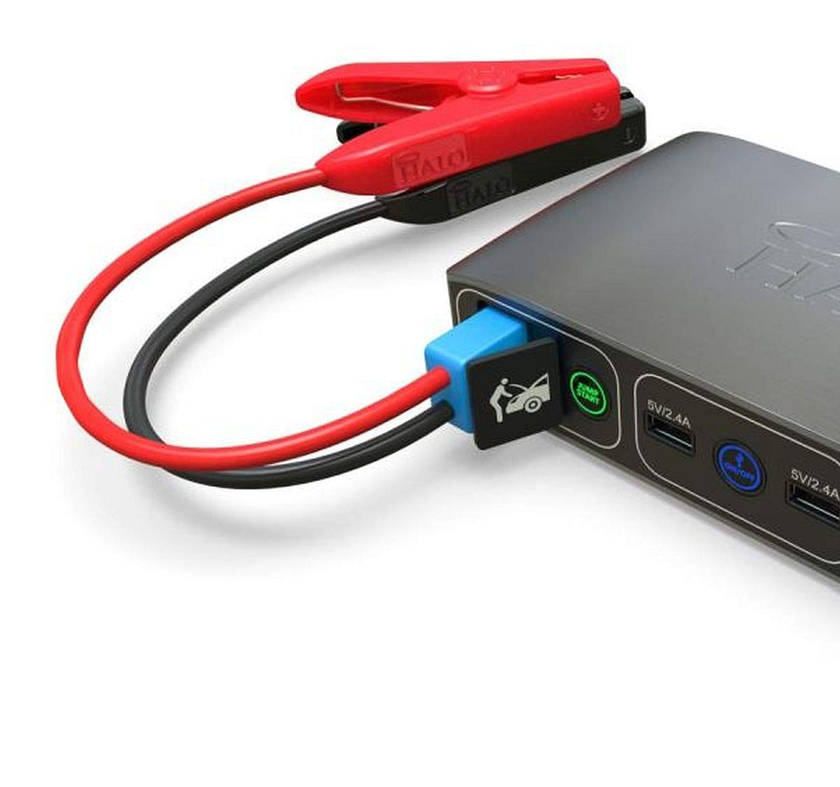 HALO Bolt cables in use jump-starting a car illustrating on-the-road reliability