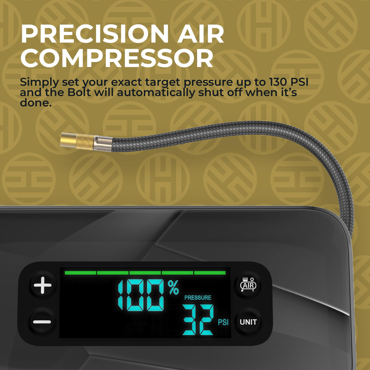 HALO air compressor close-up showing pressure gauge and inflation precision
