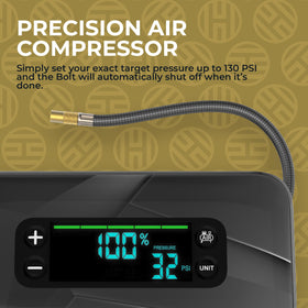 HALO air compressor close-up showing pressure gauge and inflation precision