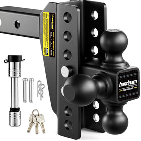 Handnam front view of hitch showing 6 inch drop rise and secure fit benefit