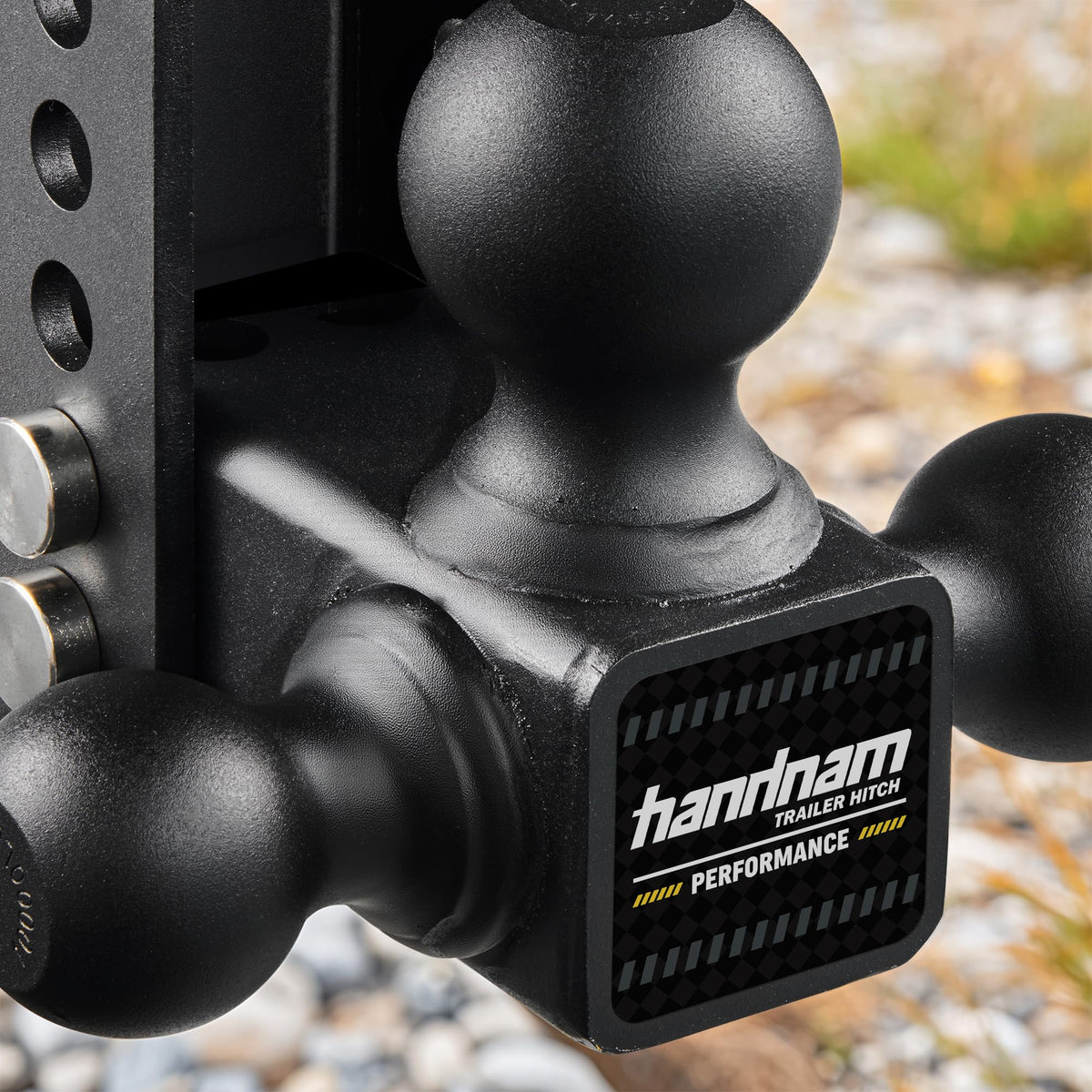 HANDNAM shank side view showing 6-inch drop rise adjustment for level towing