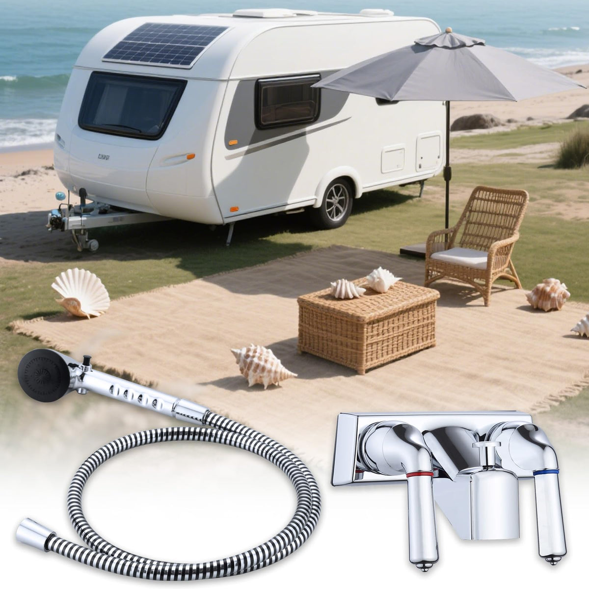 hansengroe RV shower installed in camper showing practical outdoor use