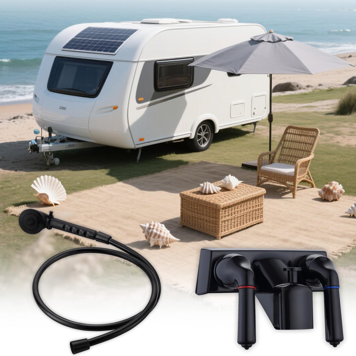 hansengroe faucet beside RV panel for scale, compact fit for 4-inch hole pattern