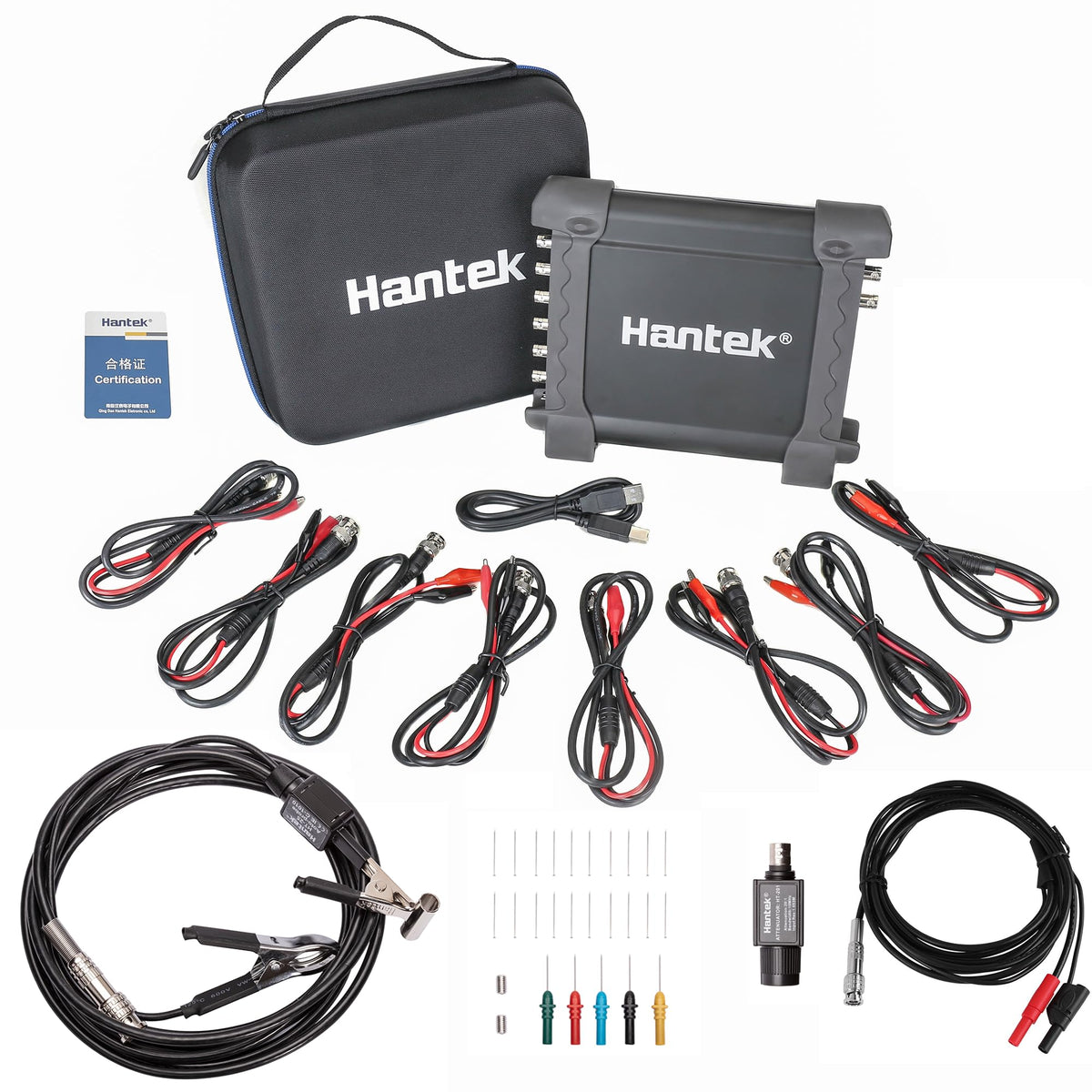 Hantek 1008C bundle front view showing unit and accessories for clear identification and setup