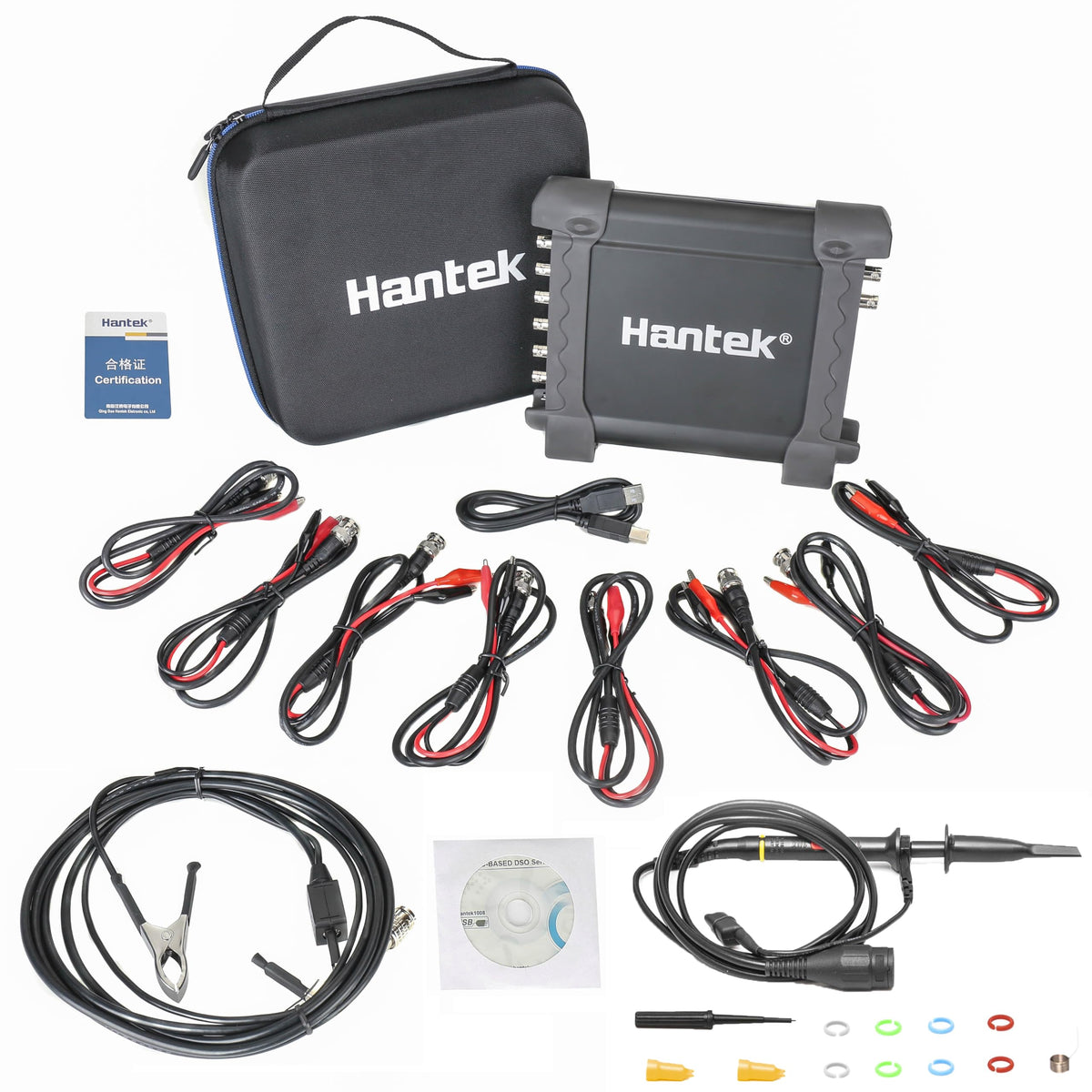 Hantek 1008C front panel view showing ports and controls for easy operation