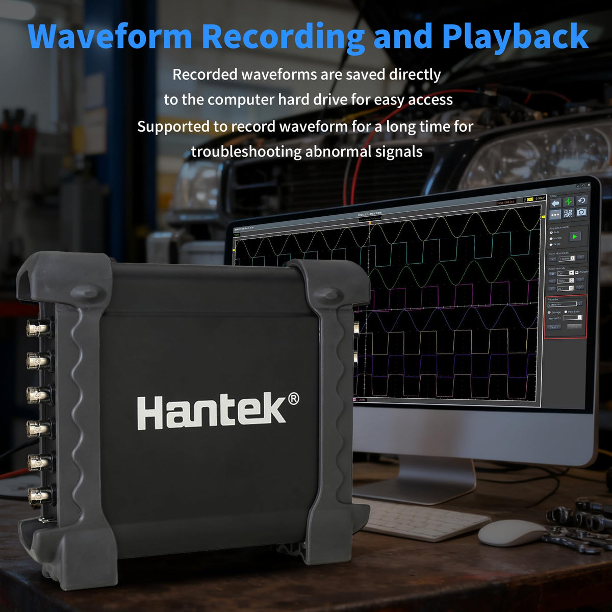 Windows PC screen with Hantek software displaying live waveforms for analysis