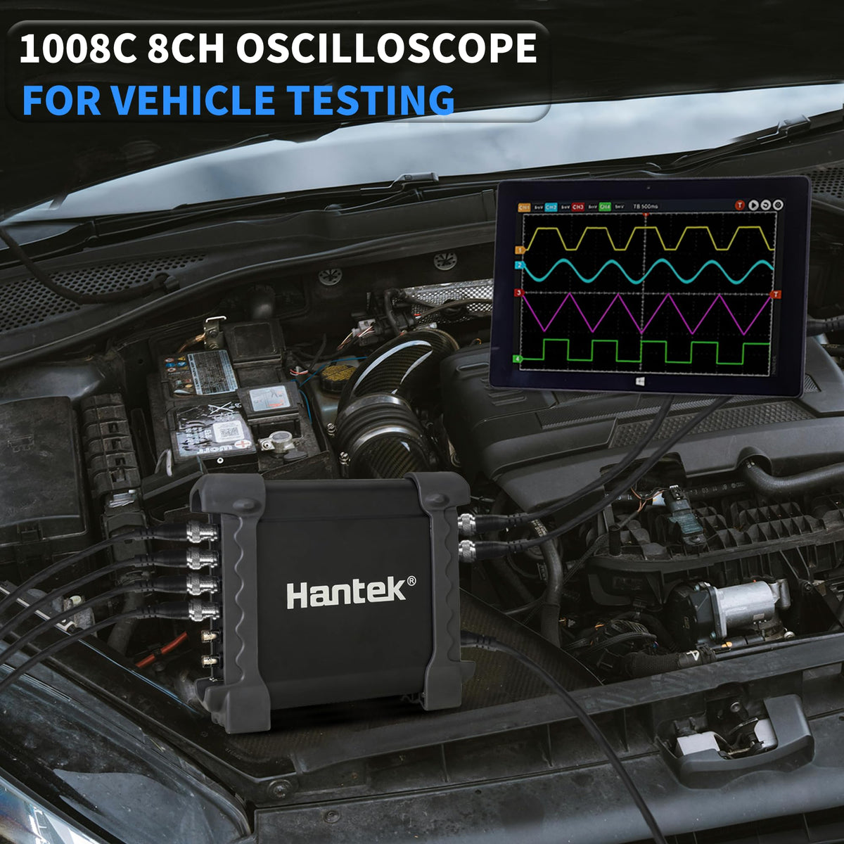 Hantek diagnostic bundle in a workshop setting showing practical use and portability